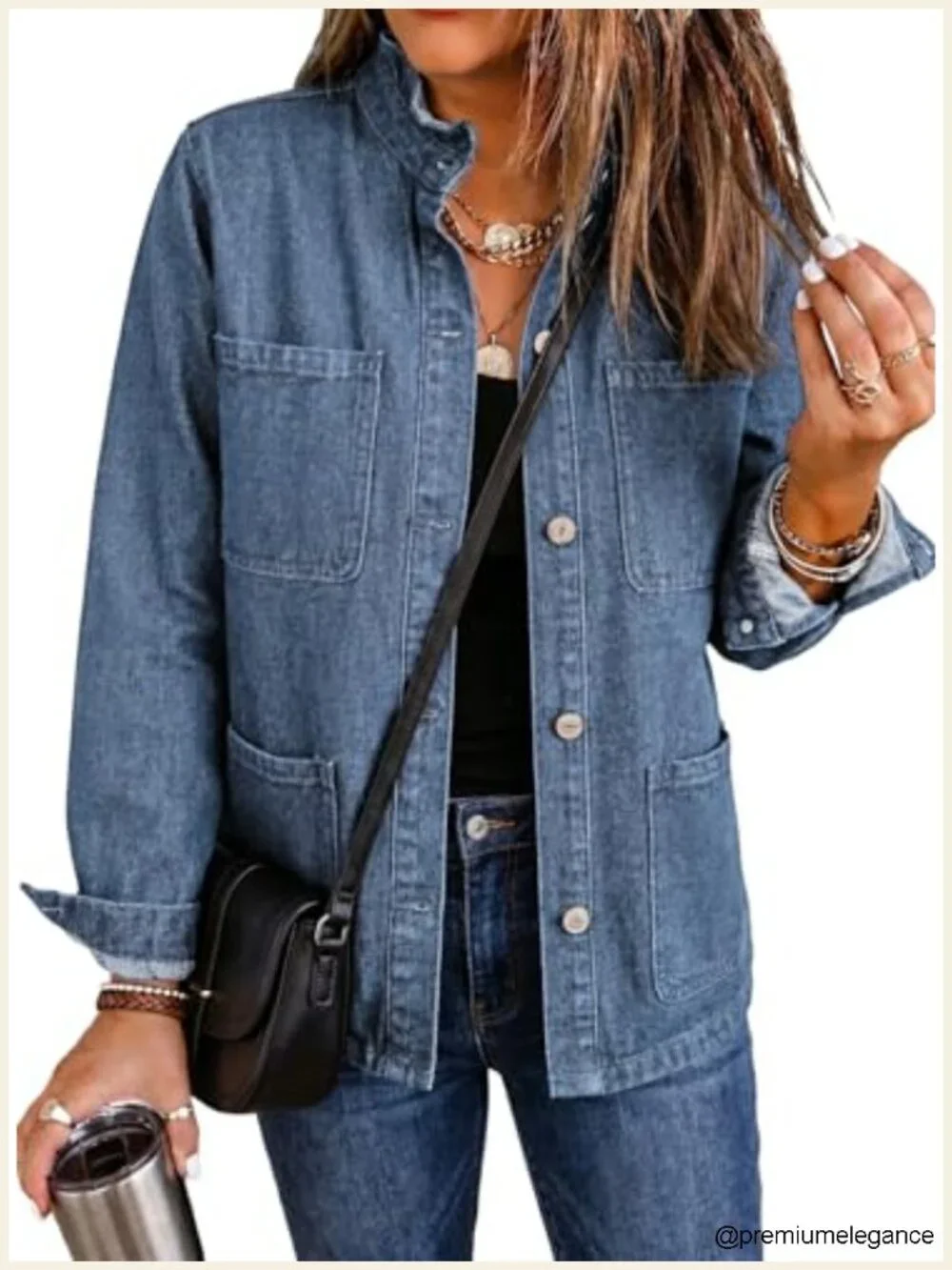 Button Down Ruffle Casual Oversized Cropped Jean Jacket with Pockets